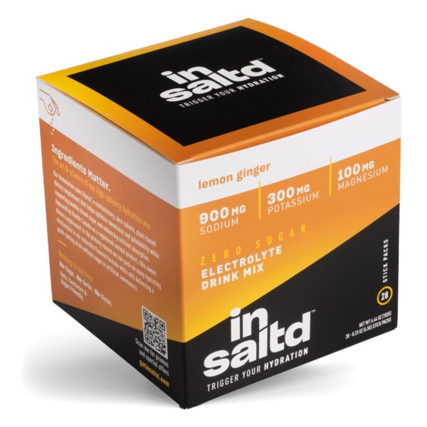 Insaltd Lemon Ginger 28-pack box. electrolyte drink mix with zero sugar, zero stevia and zero artificial sweeteners.