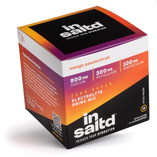 Insaltd Mango Passionfruit 28-pack box. electrolyte drink mix with zero sugar, zero stevia and zero artificial sweeteners.