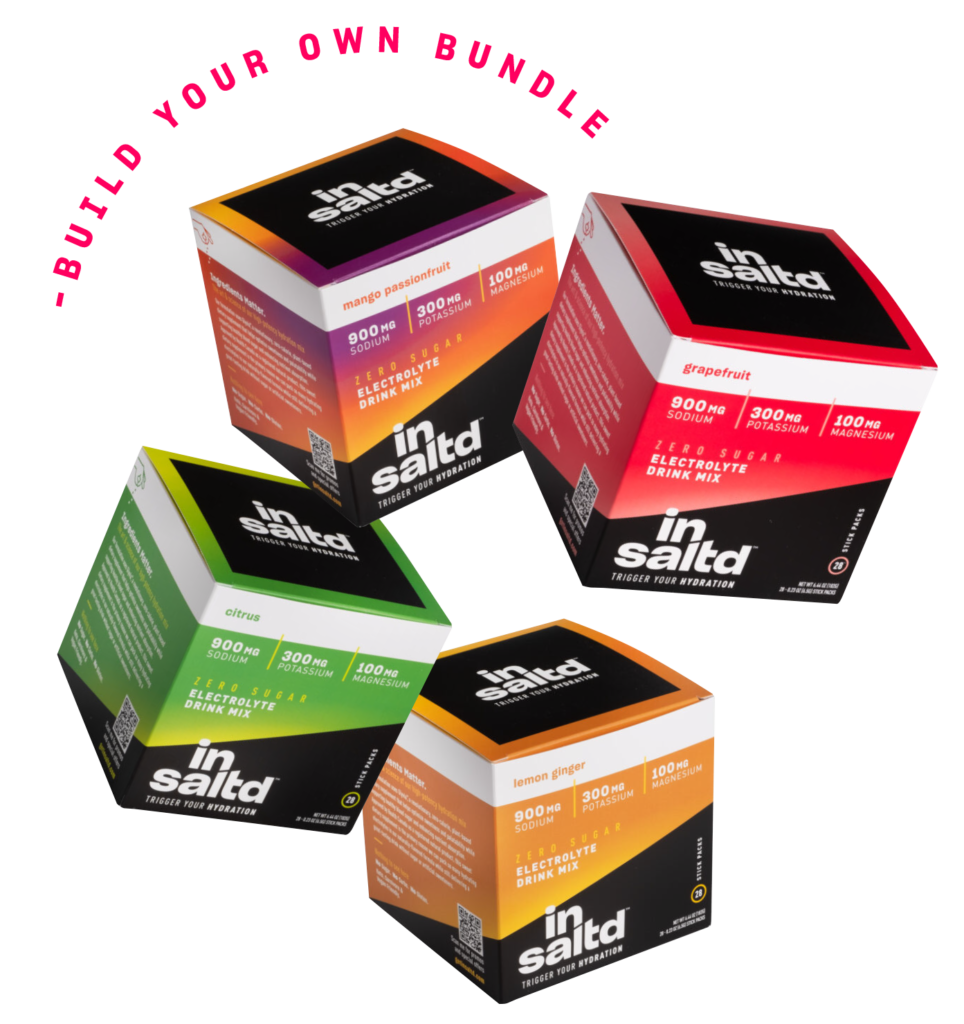 Insaltd bundle and save offer. Insaltd zero sugar eletrolyte drink mix for hydration. Sample pack of 4 flavors: citrus, grapefruit, mango passionfruit and lemon ginger.